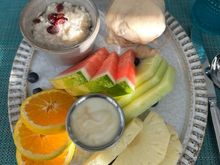 Breakfast Day 1: Fruit, yogurt, guava duff muffin, & oatmeal