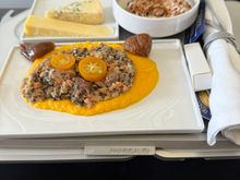 Lentils, chestnut, kumquat and figs, cantal and blue cheese, Paris Brest. 