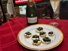 Happy Derby Day.  My snack while handicapping the races - Osetra Caviar w/Creme Fraiche blinis and of course Bollinger 