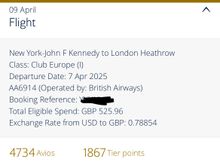 BA operated flight, on same ticked as above, and awarded nTP equivalent of what would have been 140 old tier points. 