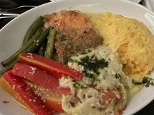 Herb-crusted sea bass, lemon veloute, creamy polenta, carrots with sesame, green beans.
