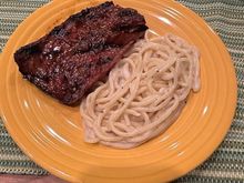 Skirt steak grilled with Sweet Baby Ray’s Sweet ‘n  Spicy and a side of cacio e pepe