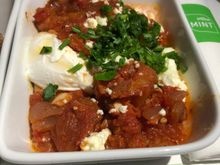 Eggplant Shakshuka - poached egg (totally cooked through, unfortunately), feta, herbs.
