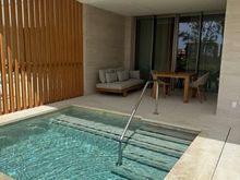 plunge pool. noticed some pools are larger (bc rectangular shaped) in front of the living area. pools in front of the bedroom are square shaped