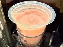 Fresh smoothy from 7-Eleven. Pick your cup containing various fruits from the freezer, put it in the machine where it adds milk, and blends. Really good!