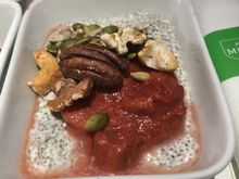 Chia seed pudding - strawberry rhubarb compote, coconut milk, nuts, and seeds.  