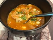 Sonoran-style potato soup with grilled shrimp 
