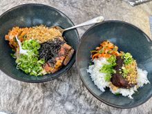 Binchotan pork belly friend rice and short rib donburi