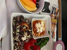 The pre landing meal was excellent. Broccolini and a blistered tomato roasted red pepper puree. 