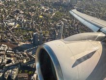 Shard between engine and wingtip, HMS Belfast just visible in front of the engine 