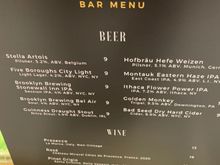 Metropolitan Lounge Beer and Wine menu