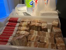 interesting snack basket from NRT. Did not partake as I dislike tuna. was Tuna and Cheese sandwiches. Additionally the regular snack bin was up front (kitkats, gummy bears, Miss Vickie Chips)