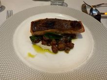 Salmon. Delicious and moist albeit not the most beautifully presented.