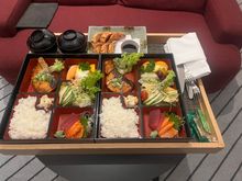 Room Service dinner from the Japanese restaurant - good quality and reasonably priced at GBP75 for 2 salmon bento boxes, an order of Gyoza, and delivery charge