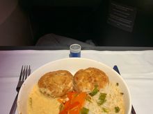 Pre-order option of crab cakes with miso yuzu sauce, basmati rice, stir-fry vegetables. Other pre-order optIon was the herb-crusted rack of lamb. 