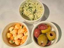 herbs and ricotta(?) spread, mozzarella balls, and olives