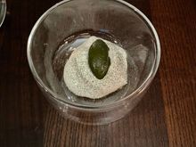Sorrel sorbet with woodruff mousse. Raspberry at the bottom. Palate cleanser. 