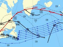 The red line is the route and the blue lines the North Atlantic tracks that evening 