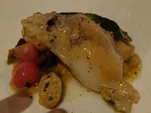 monkfish, fat from ham, wine leaf