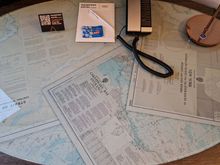 A desk completely in keeping with the theme, with real maps under the glass plate.