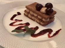 A good and light dessert. Not too sweet. Like slices of 'Aero' sandwiching some chocolate mousse. The cherries gave it some tartness. (Beware ... slight problem, of some  the hard bits of cherry kernel in amongst the source)