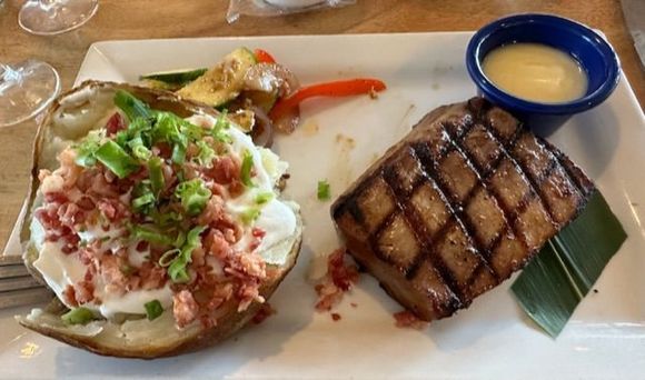 Teriyaki ahi and loaded baked potato at the Dolphin Poipu. 