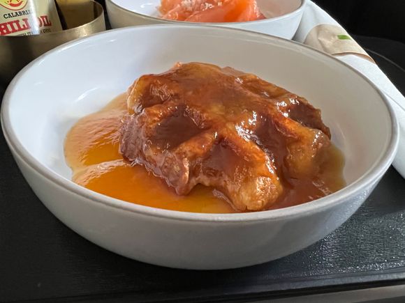 Waffle - peach jam, maple syrup.

A bit on the sweet side.