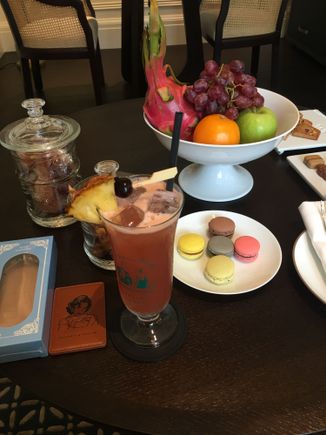 Raffles Singapore. With 3 apples no less! :D
The drink (Singapore Sling) is their welcome drink. 