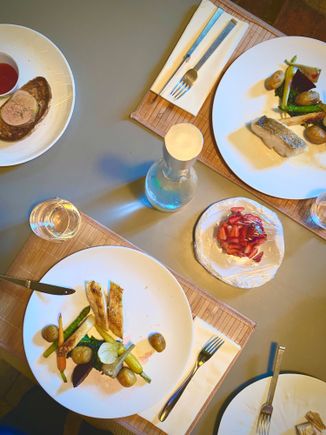 Room service dinner at the Domaine des Etangs. The menu was limited but food was excellent.