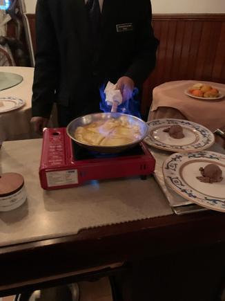 Our crepes suzette being prepared 