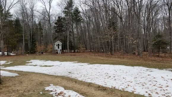 Side yard. Snow is maybe 3-4". Lots of brown lawn ... for now.