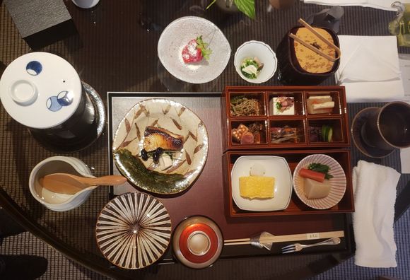 Japanese breakfast at Park Hyatt Kyoto in room.