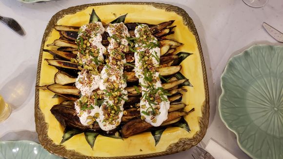 Eggplant with feta, yogurt, herbs and pistachio