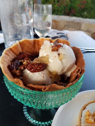 Cambozola Sundae - fabulous.  Sweet mauka honey, rich sweet cheese flavor, crispy waffle, nutty, salty and sweet pecans, spicy candied ginger.  The best dessert by far.