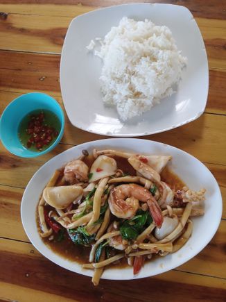 Bangkok:  Prawns squid mushroom basil. Perfectly done.