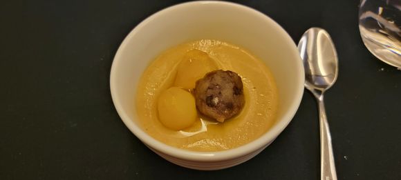 Tofu mousse with red bean confiture and chestnut

The western menu option was a chocolate tart with pomelo