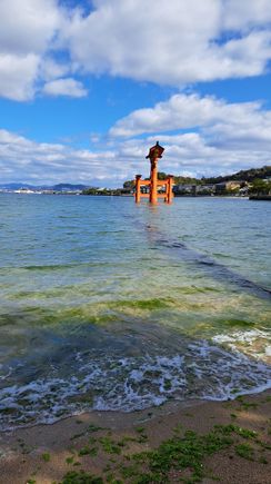 Sideways view of the torri- gate. Shortly, the tide would cover where i was standing ( I was close to the step and kept an eye on the water). A bit of seaweed in the water. A beautiful day to visit