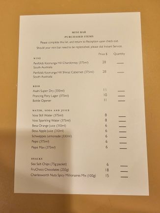 Minibar menu