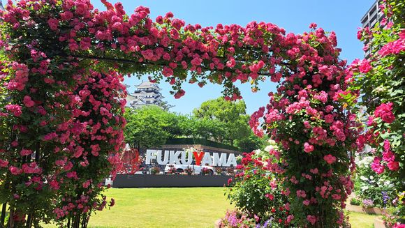 Fukuyana rose festival promotion just outside jr station with caste in background