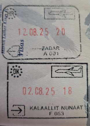 Entry stamp into Nuuk GOH (bottom) and exit stamp frol Zadar ZAD (top). 