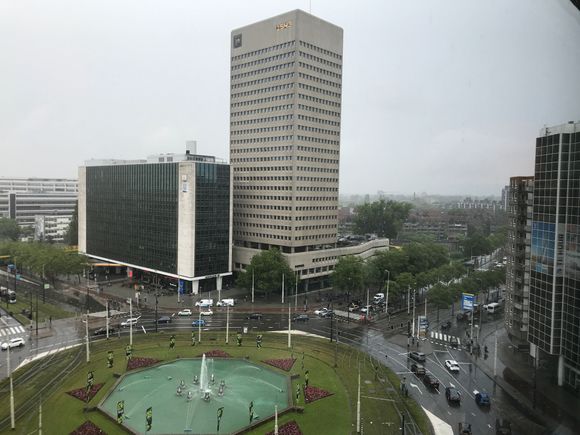 Opening the curtains we were greeted by the Hofplein fountain
My buddy told me when Feyenoord Rooterdam soccer team wins all fans do a lucky dip in the fountain