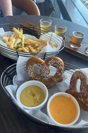 Brooklyn Brewery flight and the hot pretzel. 