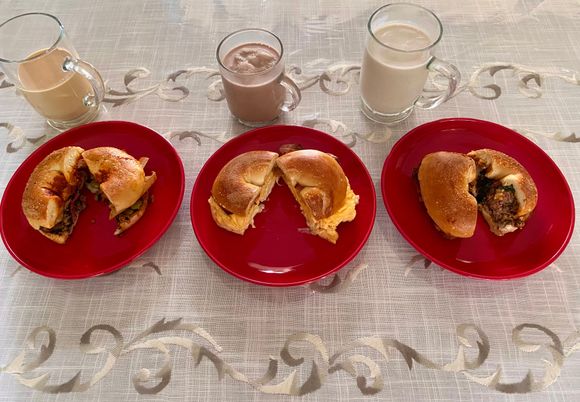 3 types of fillings with plain bagels Miso Kinoko , BEC , Lamb Mafia and 2 shakes - chocolate oats and peanut butter  along with  cold brew