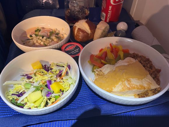 Yes Virginia, there is garlic bread. Tray plonked down just as you see. I posted menu before takeoff upstream. The fish was was outstanding. Best UA meal in years. Both myself and FA were concerned that is would come out wrong due to a weather delay after push, but no. 