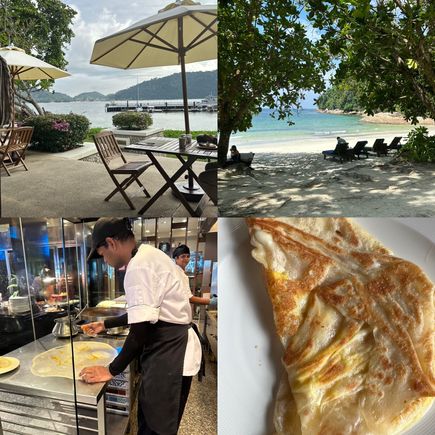 Views from two of the dining areas, the main buffet one and Chapman's Bay.  Roti telur, egg in roti, was superb.