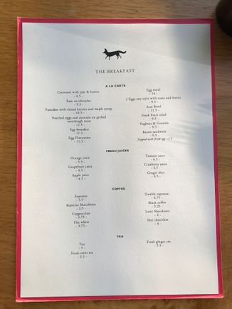Mr. Porter breakfast menu at W Amsterdam end-Sept 2021
(Self service buffet was available)