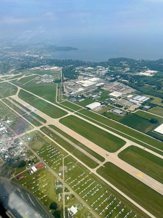 Runway 18/36 at Oshkosh; looking north east as we fly south. Lake Winnebago in the distance 