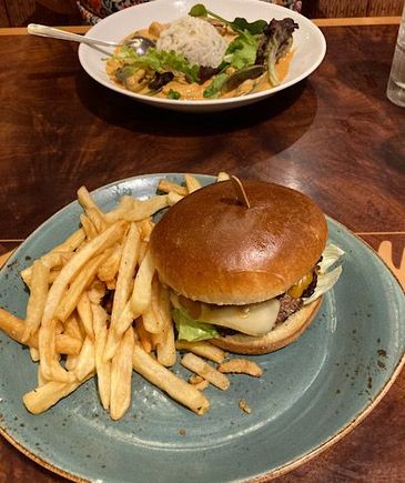Last dinner at the Hilton Hawaiian Village Waikiki Beach. I was going to order a salad with grilled chicken, but considered the burger. My friend asked if a burger is something I’d make for myself at home and my answer was no, soooo…

 I didn’t read the description well and was surprised to find bbq Wagyu brisket on top of the patty. Needless to say, it was a good burger, though not pink as I ordered it. 