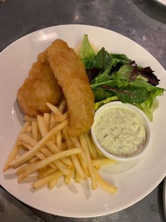 Beer battered cod , ..