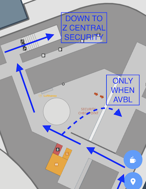 With regards to the non-Schengen pax that left the train, FRAport apparently has the option to utilize either a dedicated checkpoint to Z (right) or to let them go down escalators where they eventually arrive at the central checkpoint for Z. Every time I used this, the dynamic signs directed pax to the escalators and down to the central security for Z. I assume they only open the dedicated checkpoint when there are lots of pax transferring on the SkyLine.